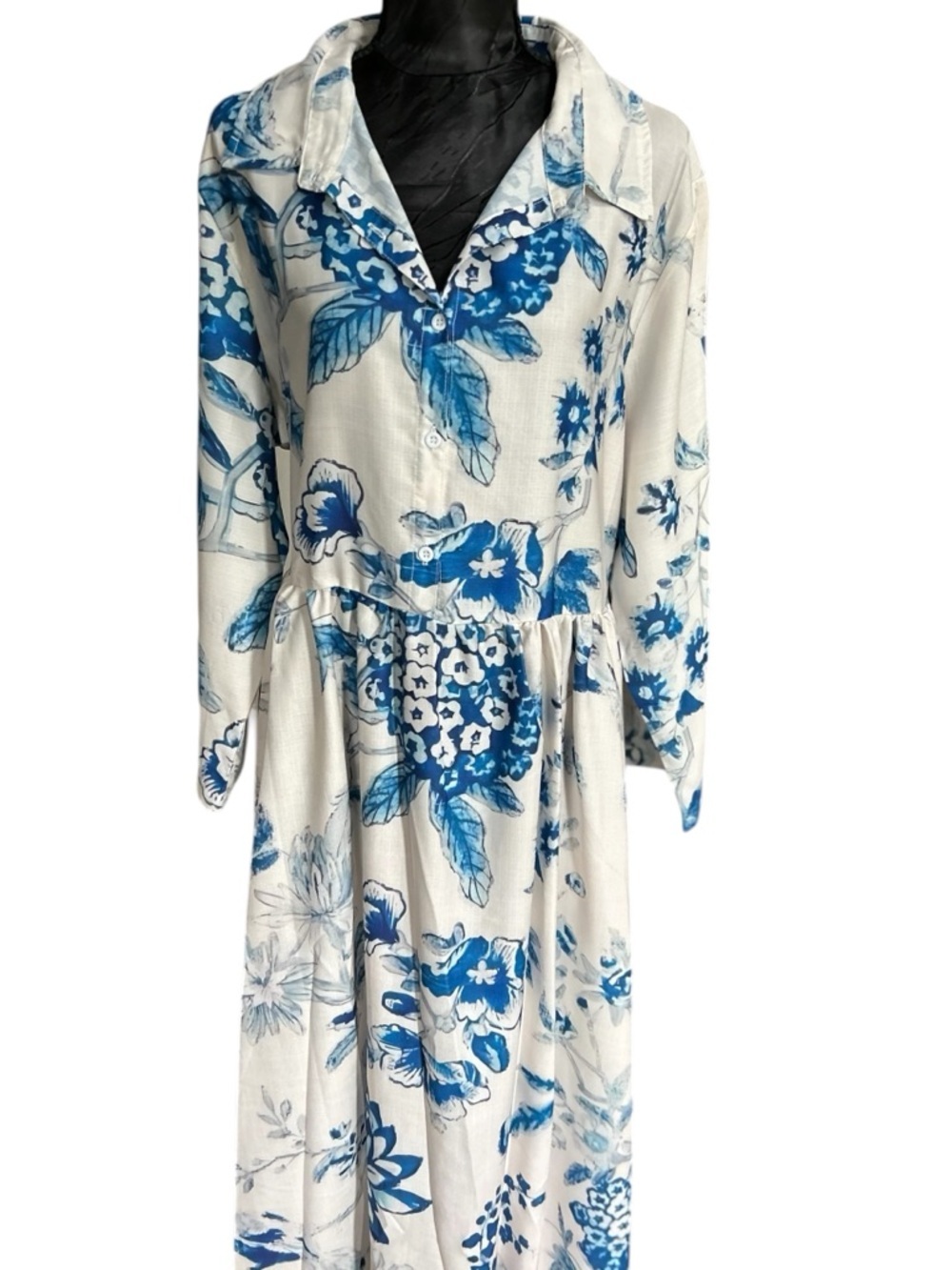 Blue & White Floral Shirt Dress 2XL Button Front Midi Boho Cottagecore